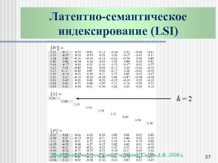 Латентно-семантическое индексирование (LSI) k=2 Информационно-поисковые системы. Сычев А. В. 2006 г. 27 