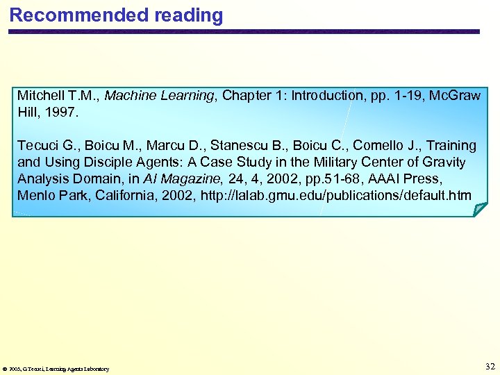 Recommended reading Mitchell T. M. , Machine Learning, Chapter 1: Introduction, pp. 1 -19,