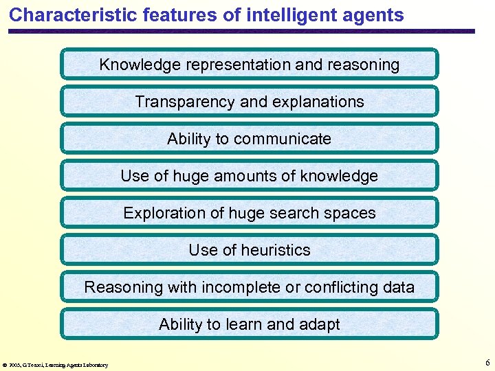 Characteristic features of intelligent agents Knowledge representation and reasoning Transparency and explanations Ability to