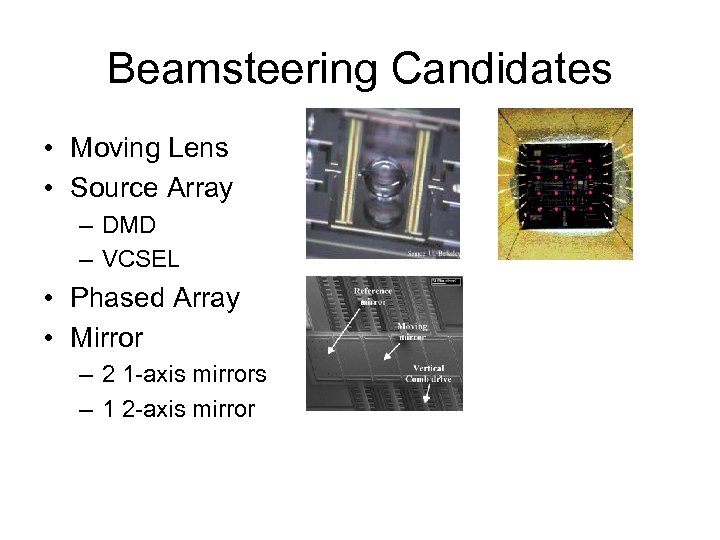 Beamsteering Candidates • Moving Lens • Source Array – DMD – VCSEL • Phased