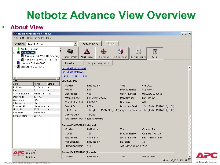 Netbotz Advance View Overview • About View APC by Schneider Electric – Name –