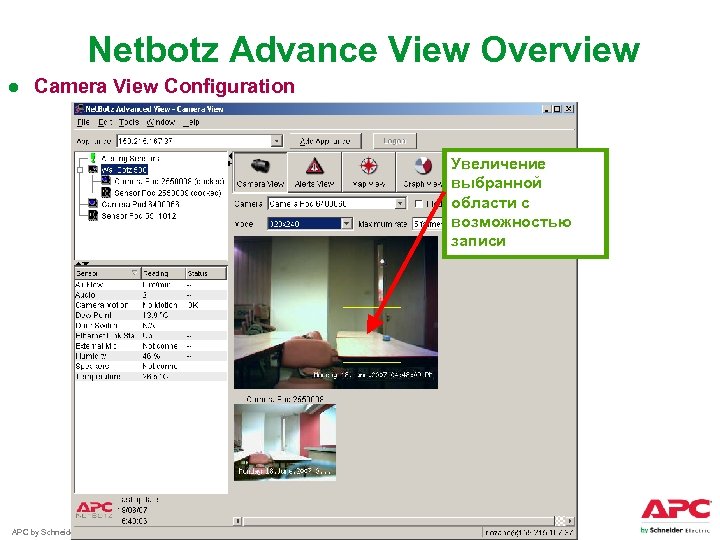 Netbotz Advance View Overview ● Camera View Configuration Увеличение выбранной области с возможностью записи