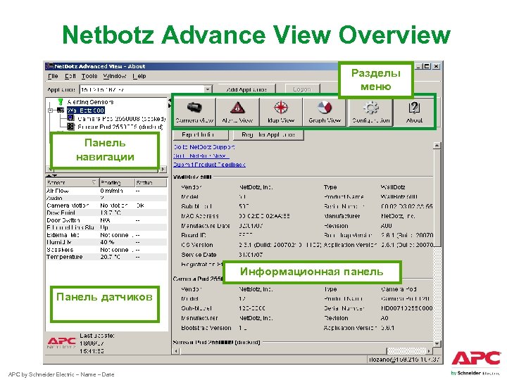 Netbotz Advance View Overview Разделы меню Панель навигации Информационная панель Панель датчиков APC by