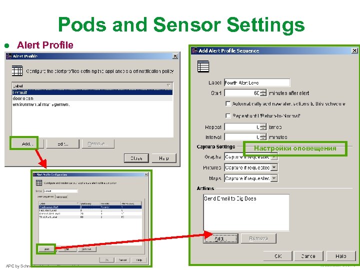 Pods and Sensor Settings ● Alert Profile Настройки оповещения APC by Schneider Electric –