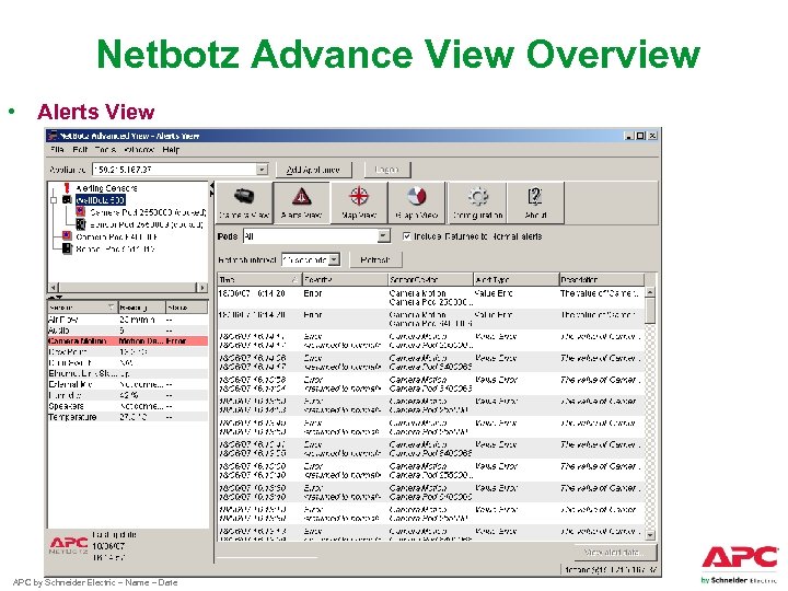 Netbotz Advance View Overview • Alerts View APC by Schneider Electric – Name –