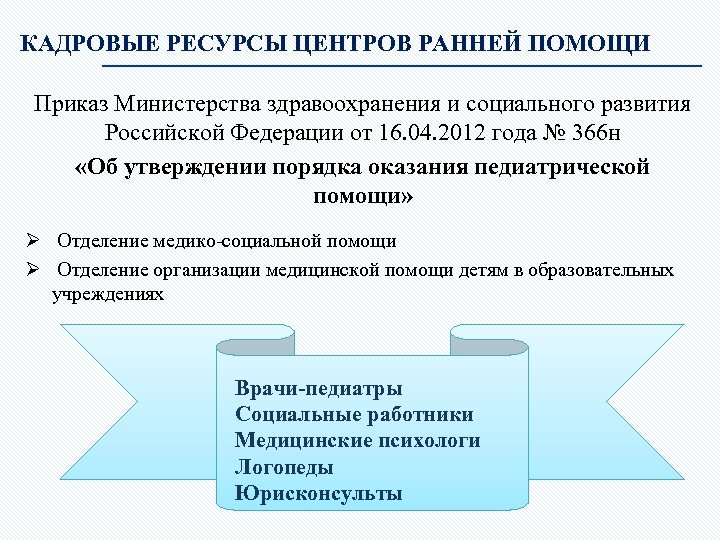 КАДРОВЫЕ РЕСУРСЫ ЦЕНТРОВ РАННЕЙ ПОМОЩИ Приказ Министерства здравоохранения и социального развития Российской Федерации от