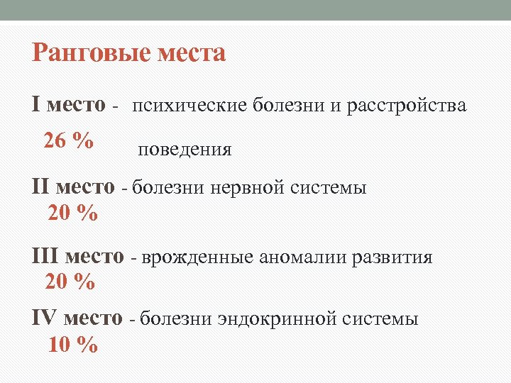 Ранговые места I место - психические болезни и расстройства 26 % поведения II место