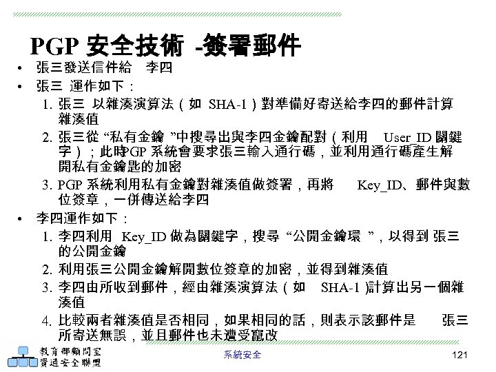 PGP 安全技術 -簽署郵件 • 張三發送信件給 李四 • 張三 運作如下： 1. 張三 以雜湊演算法（如 SHA-1）對準備好寄送給李四的郵件計算 雜湊值