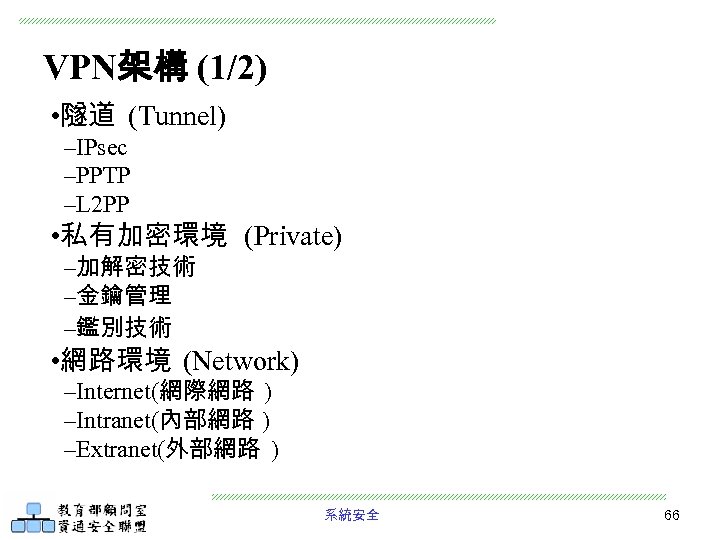 VPN架構 (1/2) • 隧道 (Tunnel) –IPsec –PPTP –L 2 PP • 私有加密環境 (Private) –加解密技術
