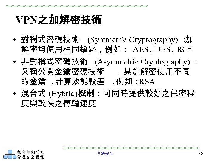 VPN之加解密技術 • 對稱式密碼技術 (Symmetric Cryptography) ： 加 解密均使用相同鑰匙，例如： AES、 DES、 RC 5 • 非對稱式密碼技術