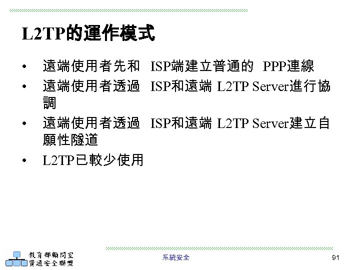 L 2 TP的運作模式 • • 遠端使用者先和 ISP端建立普通的 PPP連線 遠端使用者透過 ISP和遠端 L 2 TP Server進行協