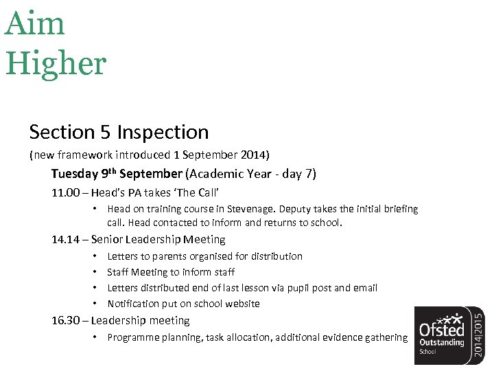 Aim Higher Section 5 Inspection (new framework introduced 1 September 2014) Tuesday 9 th