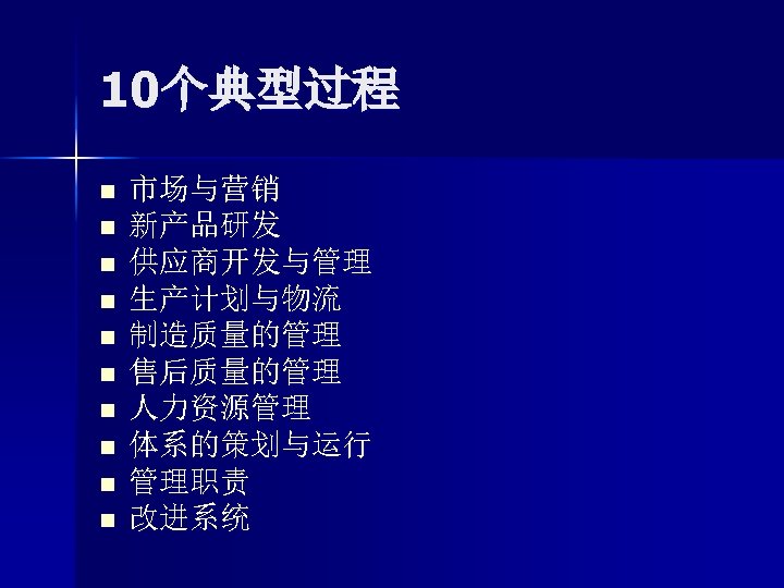 10个典型过程 n n n n n 市场与营销 新产品研发 供应商开发与管理 生产计划与物流 制造质量的管理 售后质量的管理 人力资源管理 体系的策划与运行