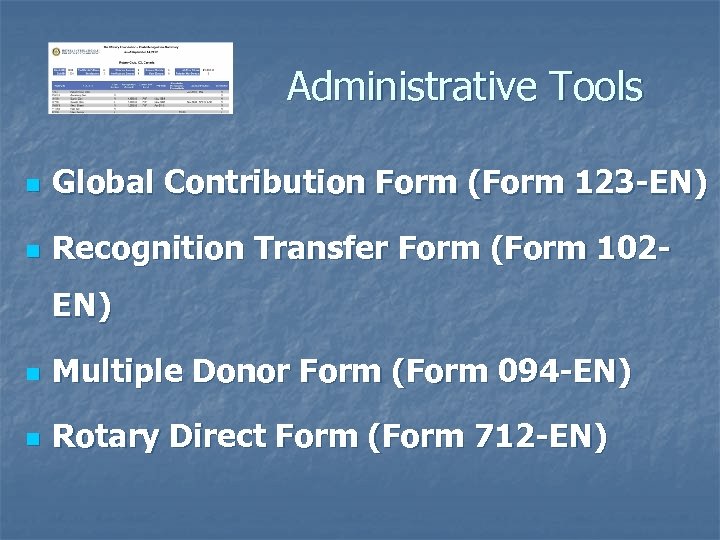 Administrative Tools n Global Contribution Form (Form 123 -EN) n Recognition Transfer Form (Form
