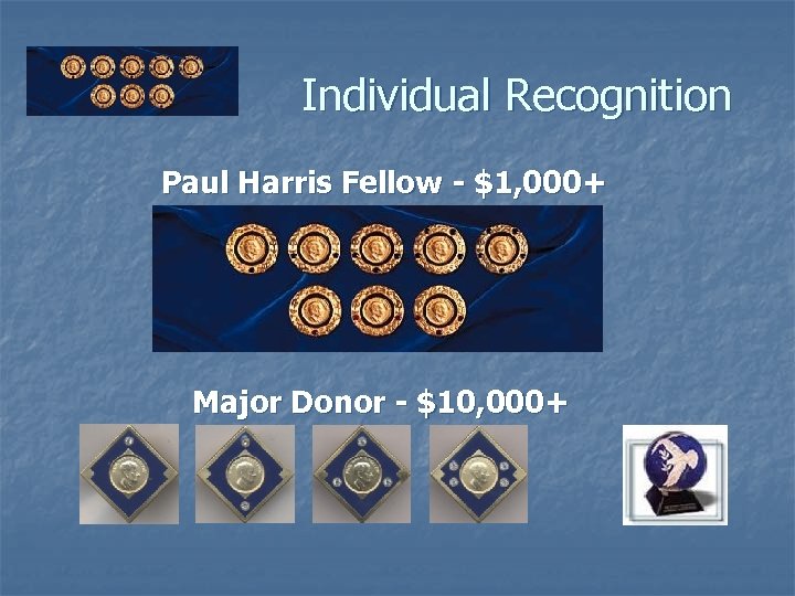 Individual Recognition Paul Harris Fellow - $1, 000+ Major Donor - $10, 000+ 