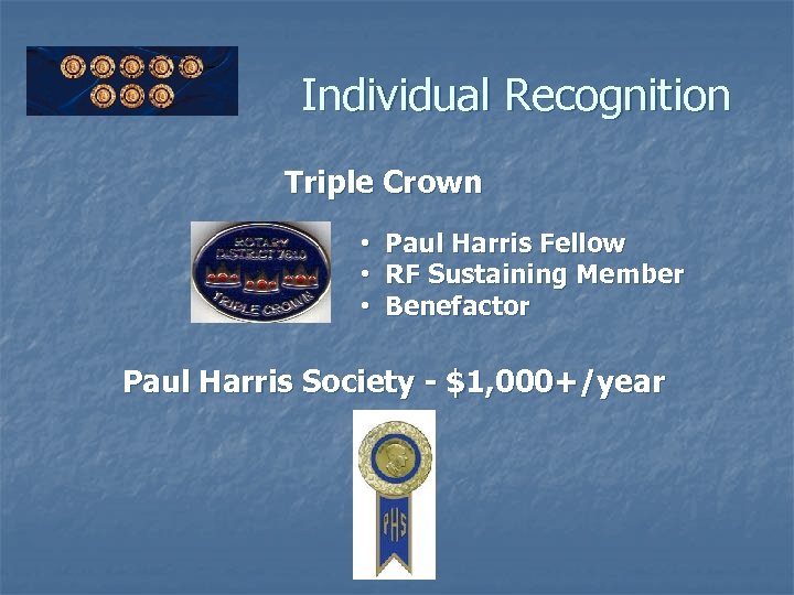 Individual Recognition Triple Crown • Paul Harris Fellow • RF Sustaining Member • Benefactor