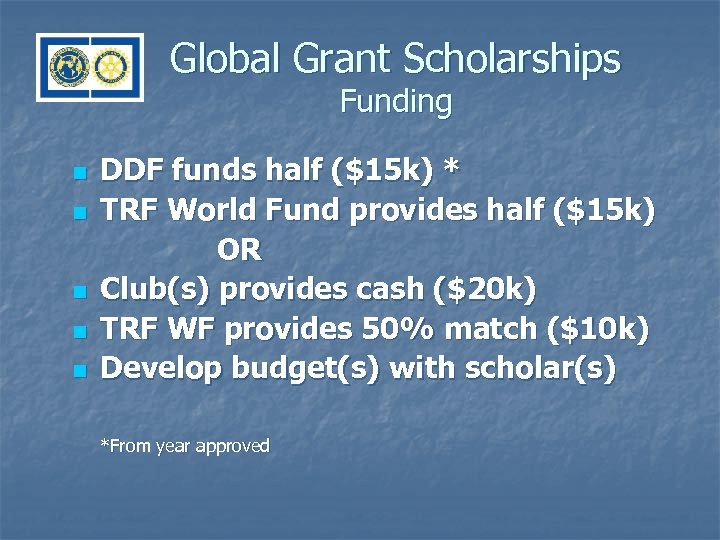 Global Grant Scholarships Funding n n n DDF funds half ($15 k) * TRF
