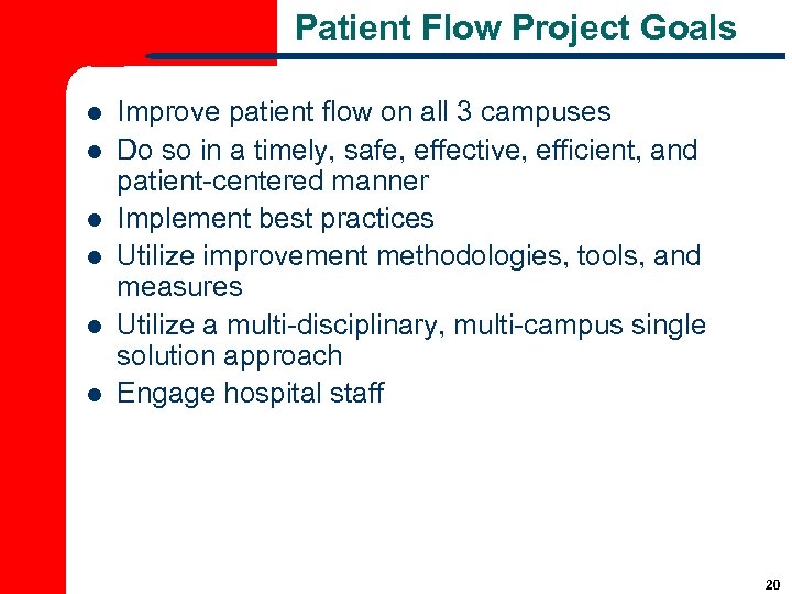 Patient Flow Project Goals l l l Improve patient flow on all 3 campuses
