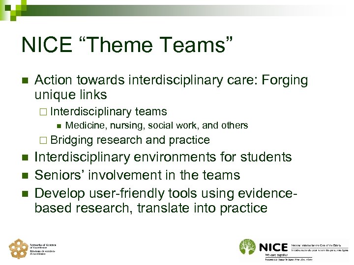 NICE “Theme Teams” n Action towards interdisciplinary care: Forging unique links ¨ Interdisciplinary teams
