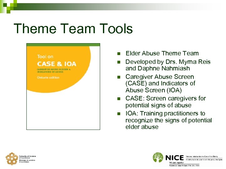 Theme Team Tools n n n Elder Abuse Theme Team Developed by Drs. Myrna