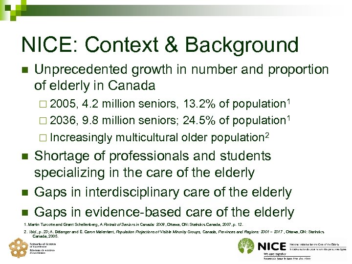 NICE: Context & Background n Unprecedented growth in number and proportion of elderly in