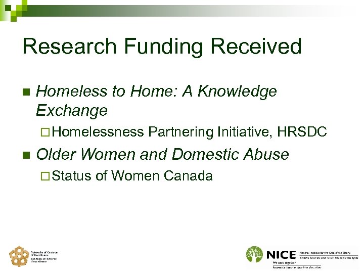 Research Funding Received n Homeless to Home: A Knowledge Exchange ¨ Homelessness n Partnering
