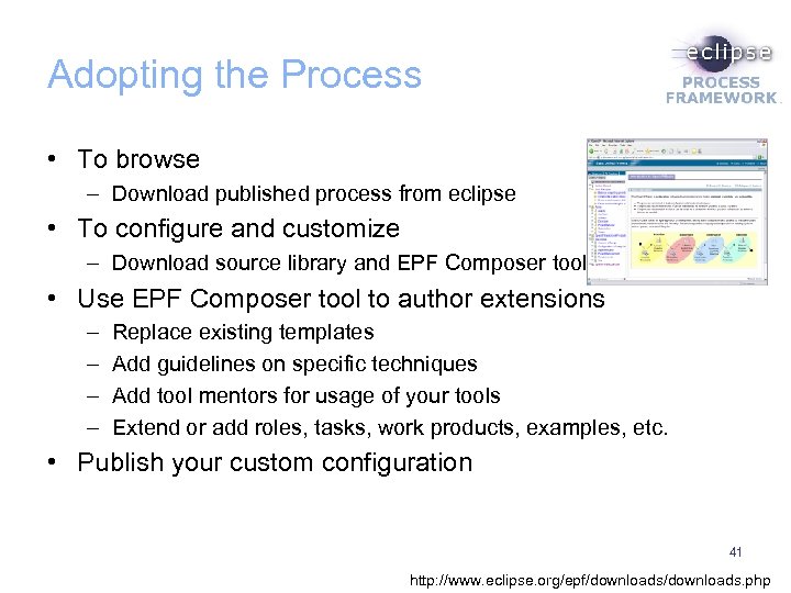 Adopting the Process • To browse – Download published process from eclipse • To