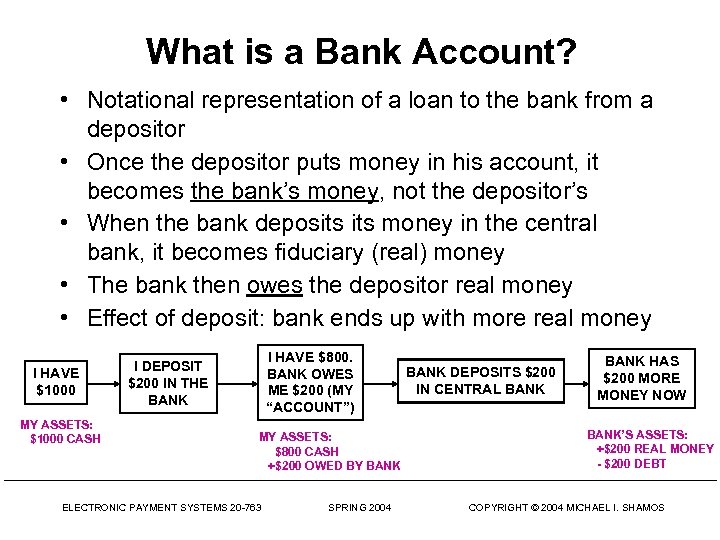 What is a Bank Account? • Notational representation of a loan to the bank