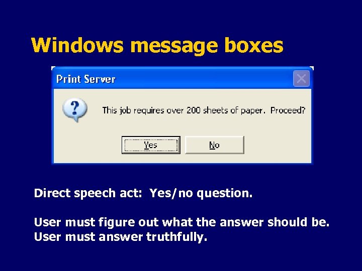 Windows message boxes Direct speech act: Yes/no question. User must figure out what the