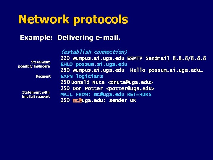 Network protocols Example: Delivering e-mail. (establish connection) Statement, possibly insincere Request Statement with implicit