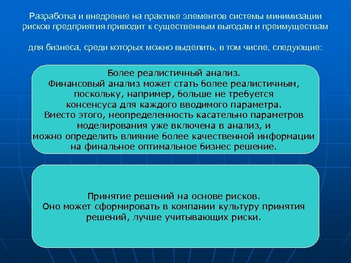 Разработка и внедрение на практике элементов системы минимизации рисков предприятия приводит к существенным выгодам