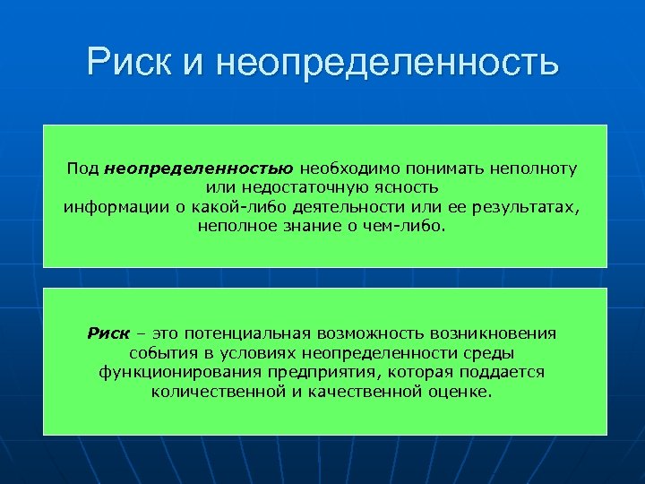 Риск и неопределенность Под неопределенностью необходимо понимать неполноту или недостаточную ясность информации о какой-либо