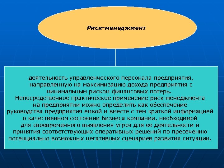 Риск-менеджмент деятельность управленческого персонала предприятия, направленную на максимизацию дохода предприятия с минимальным риском финансовых