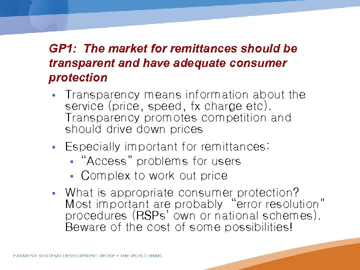 GP 1: The market for remittances should be transparent and have adequate consumer protection