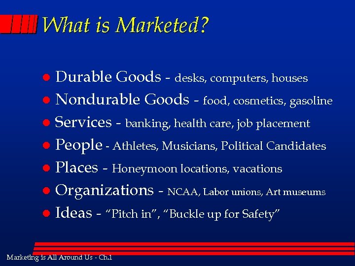 What is Marketed? Durable Goods - desks, computers, houses l Nondurable Goods - food,