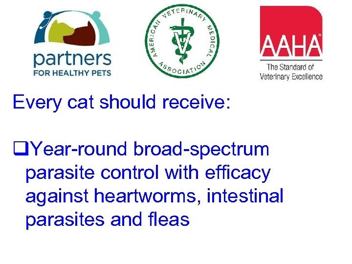 Every cat should receive: q. Year-round broad-spectrum parasite control with efficacy against heartworms, intestinal