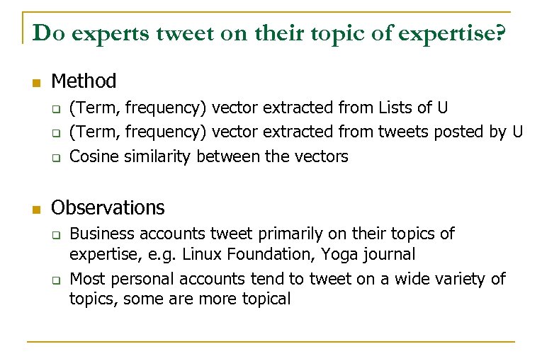 Do experts tweet on their topic of expertise? n Method q q q n