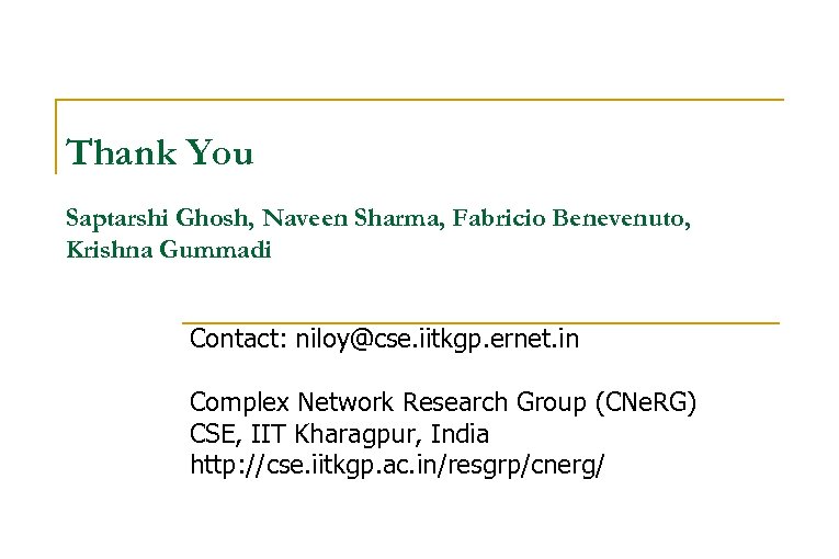 Thank You Saptarshi Ghosh, Naveen Sharma, Fabricio Benevenuto, Krishna Gummadi Contact: niloy@cse. iitkgp. ernet.