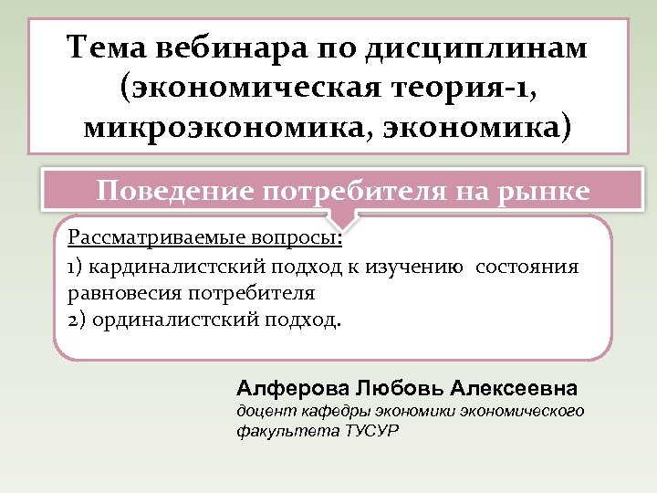 Тема вебинара по дисциплинам (экономическая теория-1, микроэкономика, экономика) Поведение потребителя на рынке Рассматриваемые вопросы: