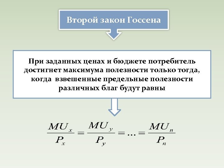 Второй закон Госсена При заданных ценах и бюджете потребитель достигнет максимума полезности только тогда,