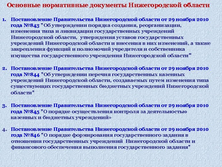 Основные нормативные документы Нижегородской области 1. Постановление Правительства Нижегородской области от 29 ноября 2010