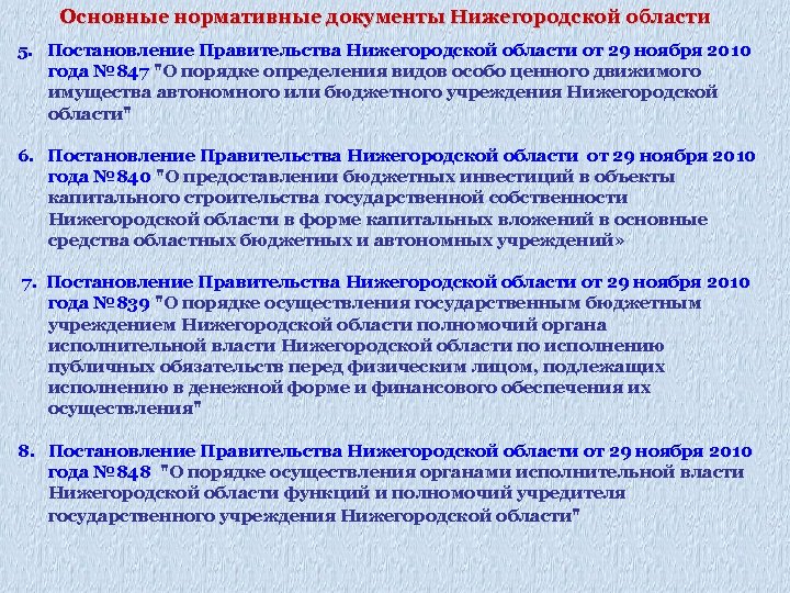 Основные нормативные документы Нижегородской области 5. Постановление Правительства Нижегородской области от 29 ноября 2010