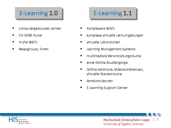 E-Learning 1. 0 E-Learning 1. 1 § computergestütztes Lernen § Komplexere WBTs § CD-ROM-Kurse