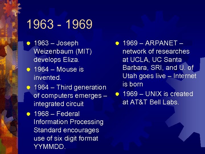 1963 - 1969 1963 – Joseph Weizenbaum (MIT) develops Eliza. ® 1964 – Mouse