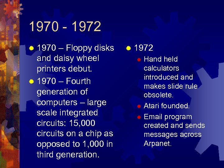 1970 - 1972 ® 1970 – Floppy disks and daisy wheel printers debut. ®