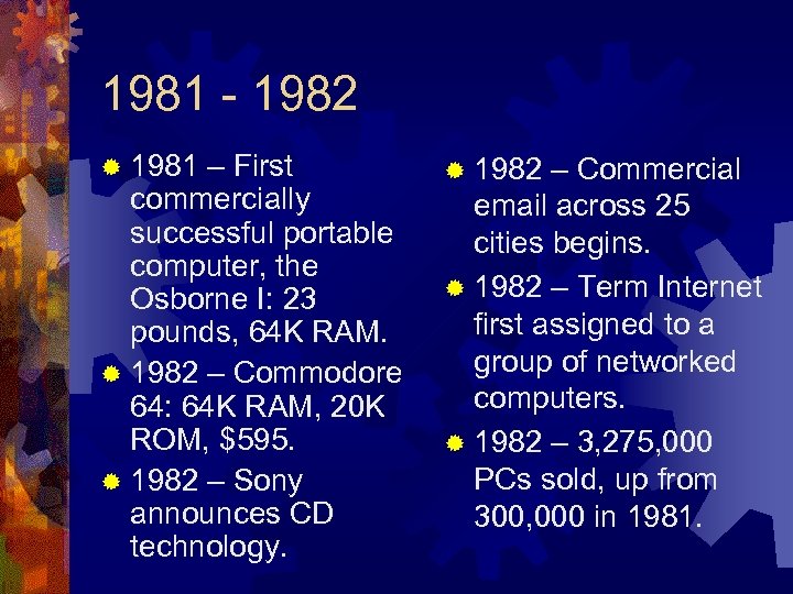 1981 - 1982 ® 1981 – First commercially successful portable computer, the Osborne I: