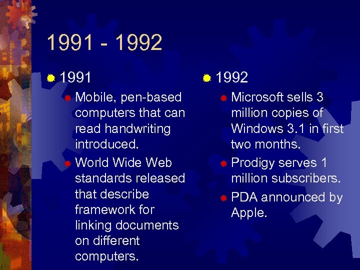 1991 - 1992 ® 1991 Mobile, pen-based computers that can read handwriting introduced. ®