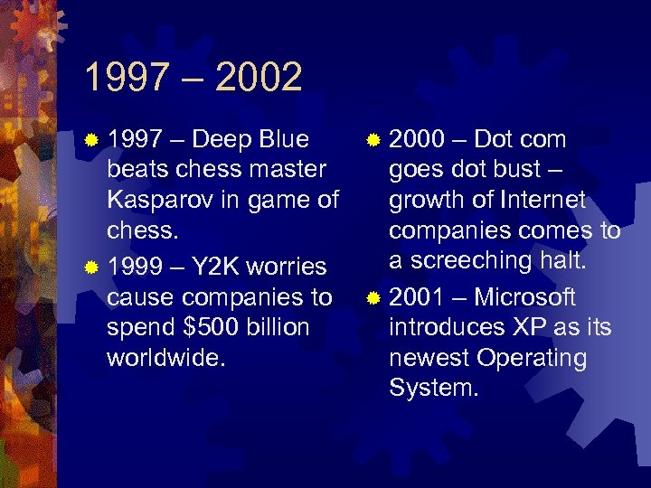 1997 – 2002 ® 1997 – Deep Blue beats chess master Kasparov in game