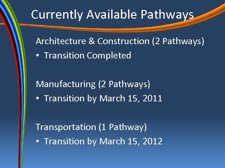 Currently Available Pathways Architecture & Construction (2 Pathways) • Transition Completed Manufacturing (2 Pathways)