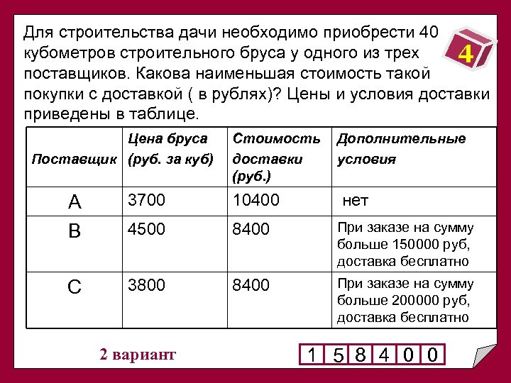 Обязательно приобрету. Условия и стоимость доставки. Строительной фирме нужно приобрести 50 кубометров. Перевозки с Наименьшей себестоимостью. Какова стоимость покупки.